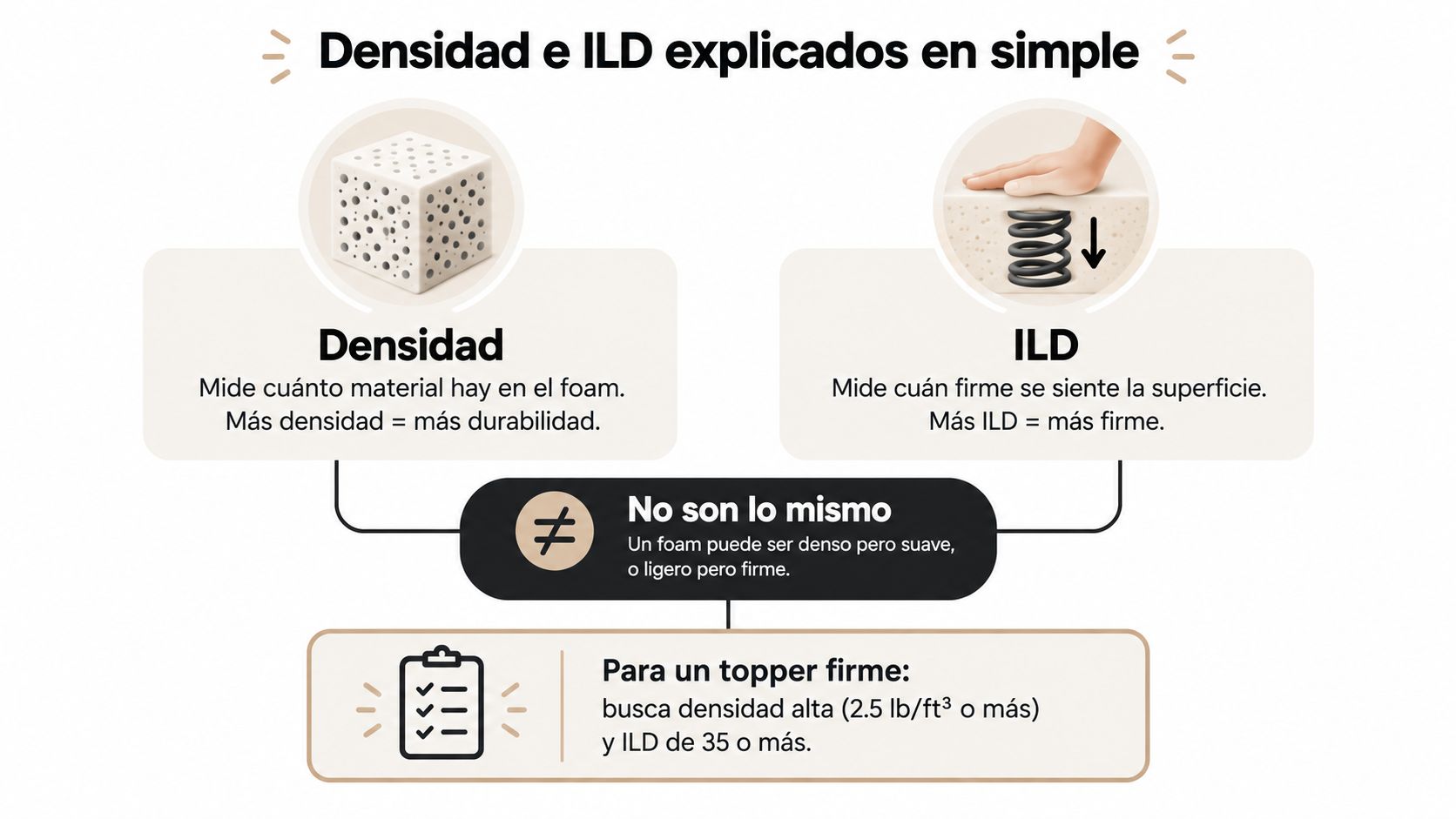Gráfico explicativo sobre la diferencia entre densidad y el índice de firmeza ILD en espumas para colchones.