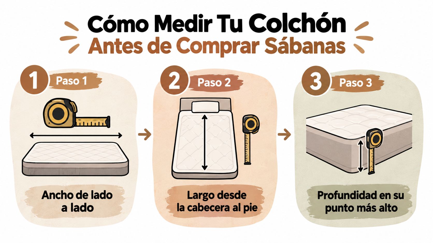 Ilustración educativa que muestra los tres pasos necesarios para medir correctamente un colchón antes de comprar sábanas.