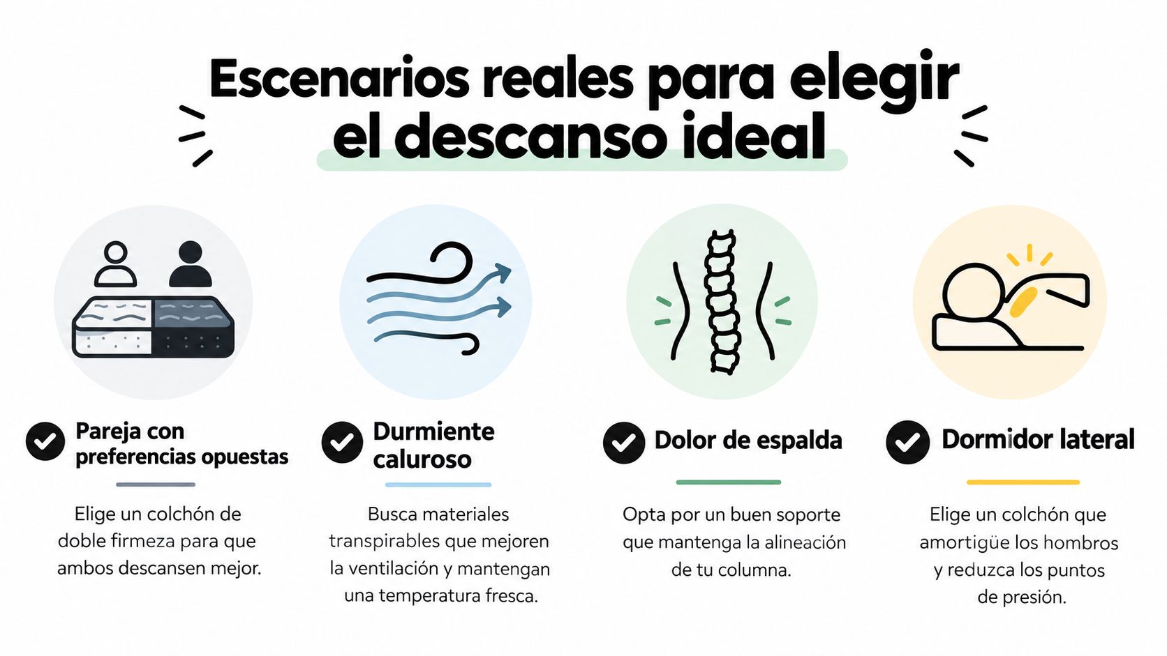 Gráfico que ilustra cuatro consejos para elegir el colchón ideal según las necesidades de cada persona.