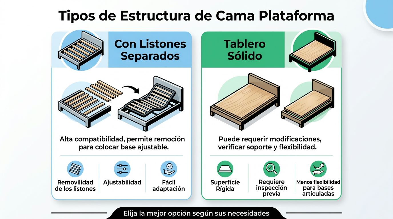 Comparativa de estructuras de cama: camas de plataforma con listones separados frente a bases de tablero sólido.