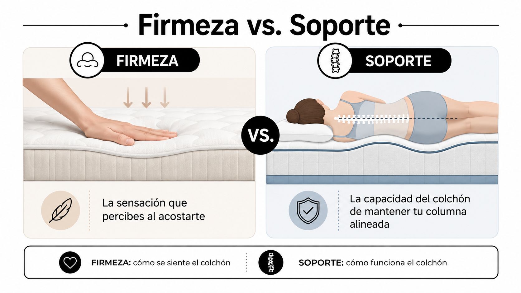 Una infografía comparativa que explica la diferencia entre la firmeza y el soporte de un colchón.
