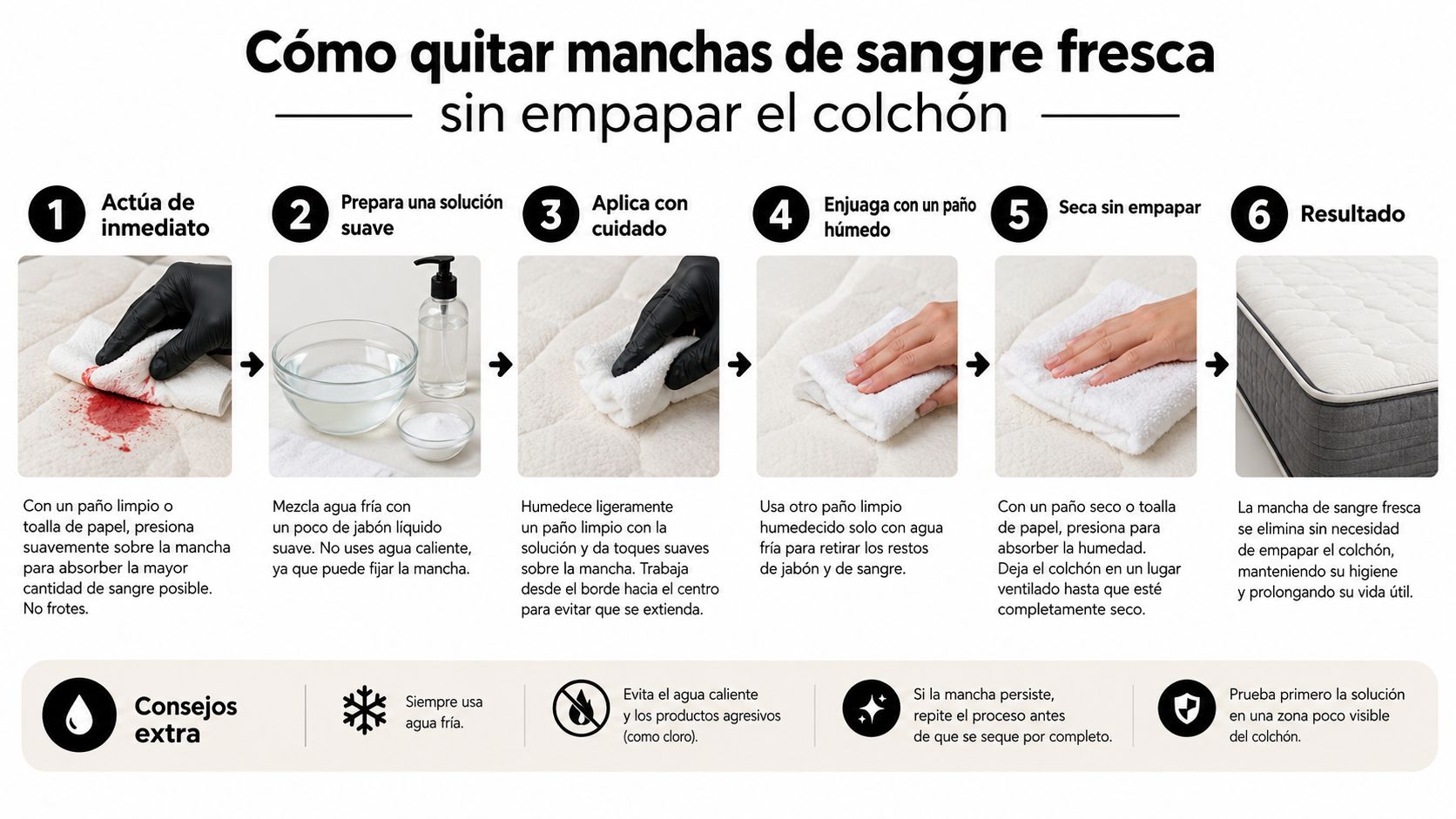 Una infografía detallada con seis pasos para limpiar manchas de sangre fresca de un colchón eficientemente.