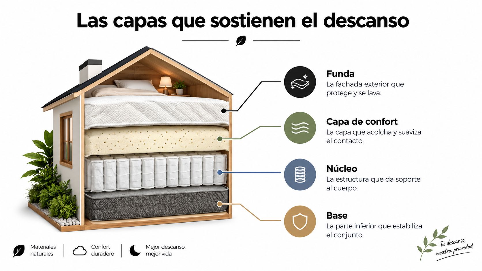 Diagrama educativo mostrando las cuatro capas principales de un colchón dentro de una casa en miniatura.