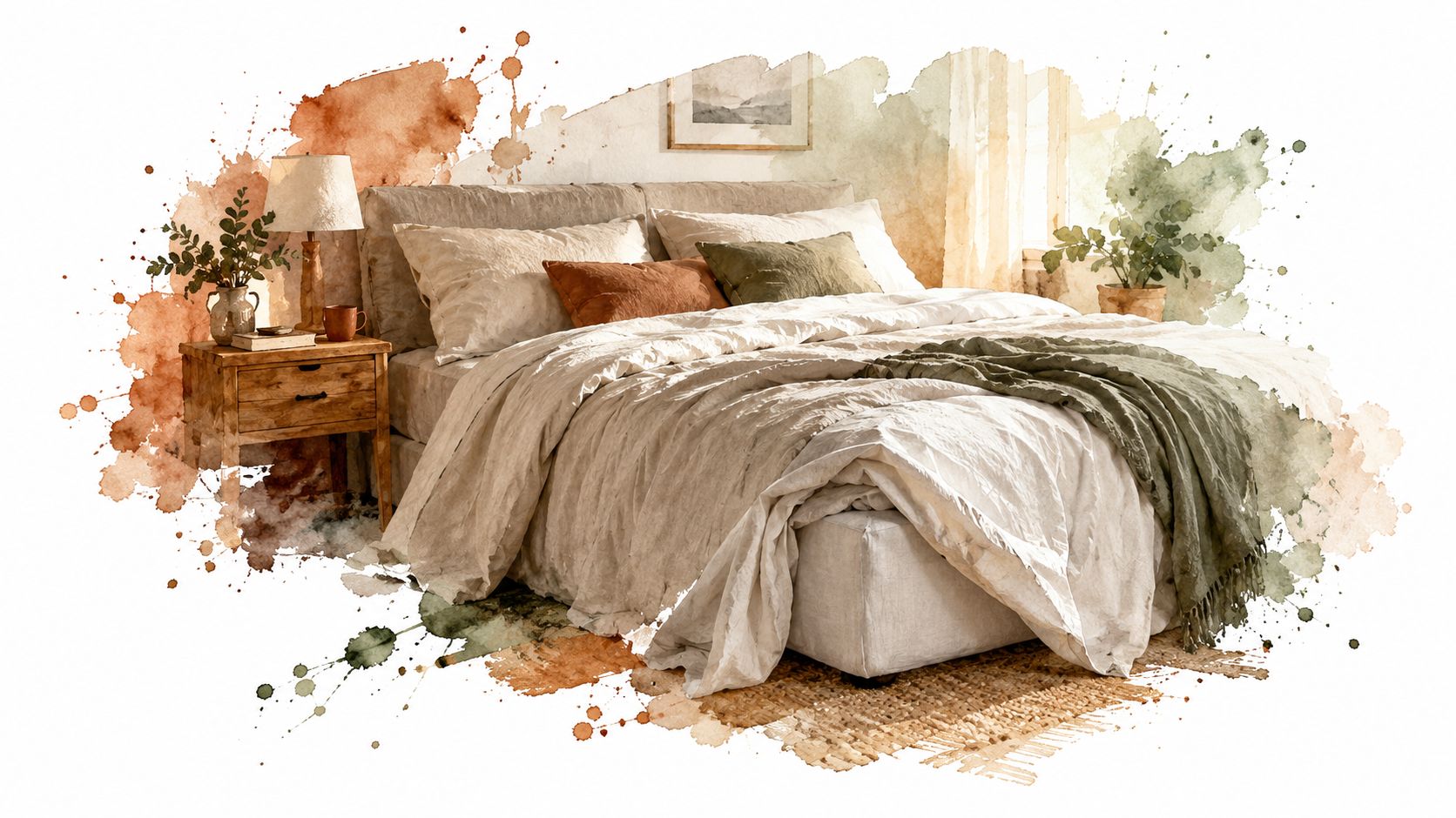 Dormitorio acogedor con una cama doble de matrimonio con sábanas de lino, tonos tierra y estilo decorativo rústico.