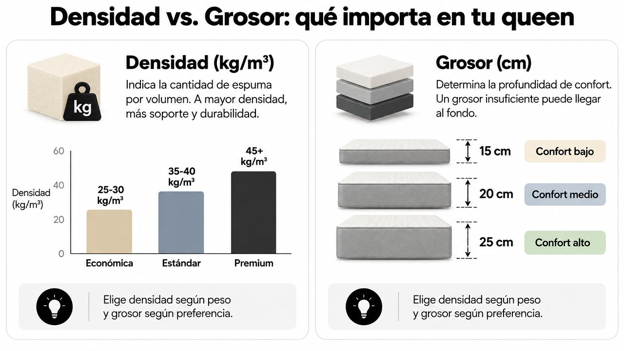 Infografía comparativa sobre la densidad y el grosor de los colchones queen size para elegir el ideal.