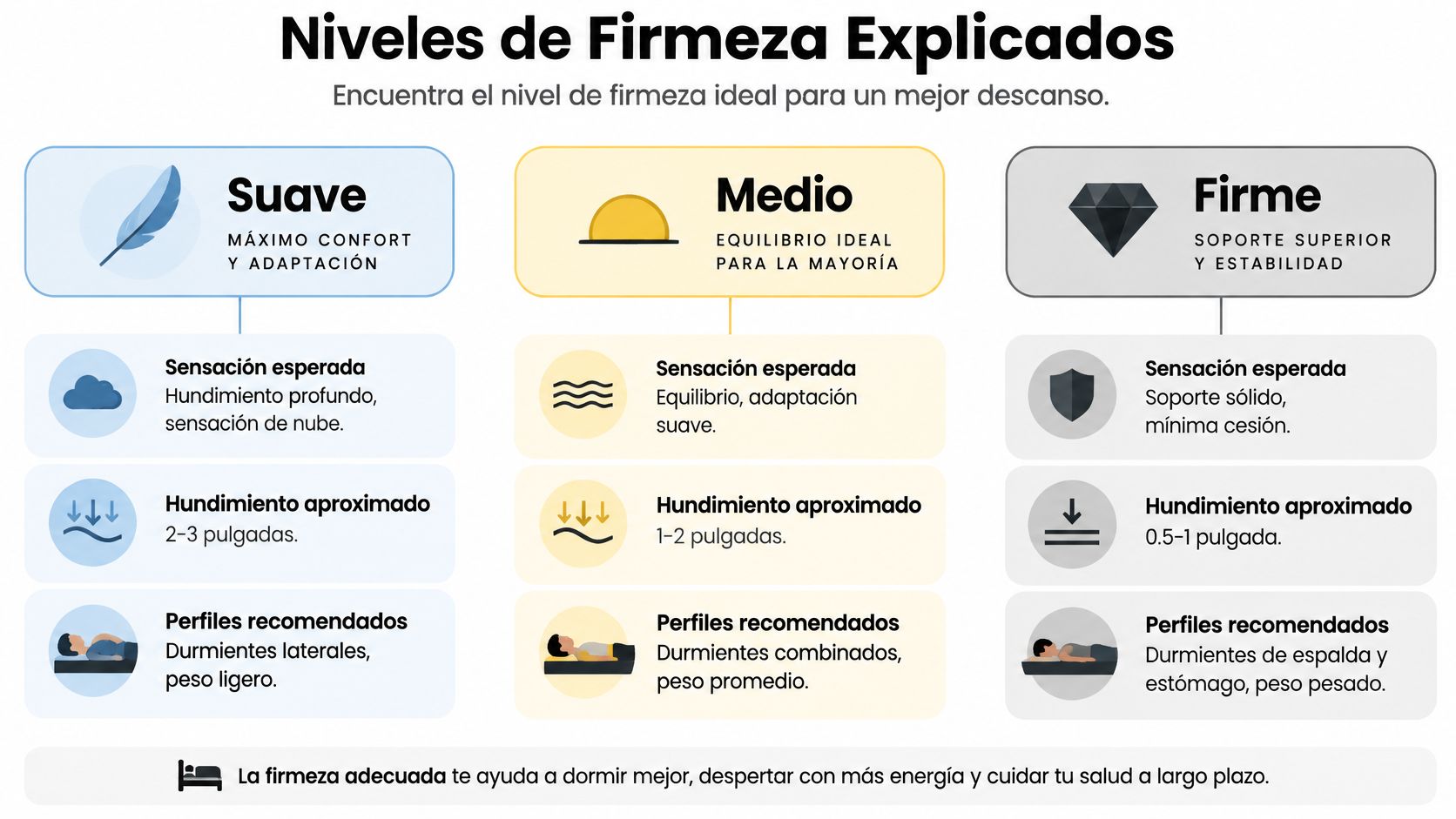 Gráfico explicativo sobre los niveles de firmeza de colchones: suave, medio y firme para mejorar el descanso.