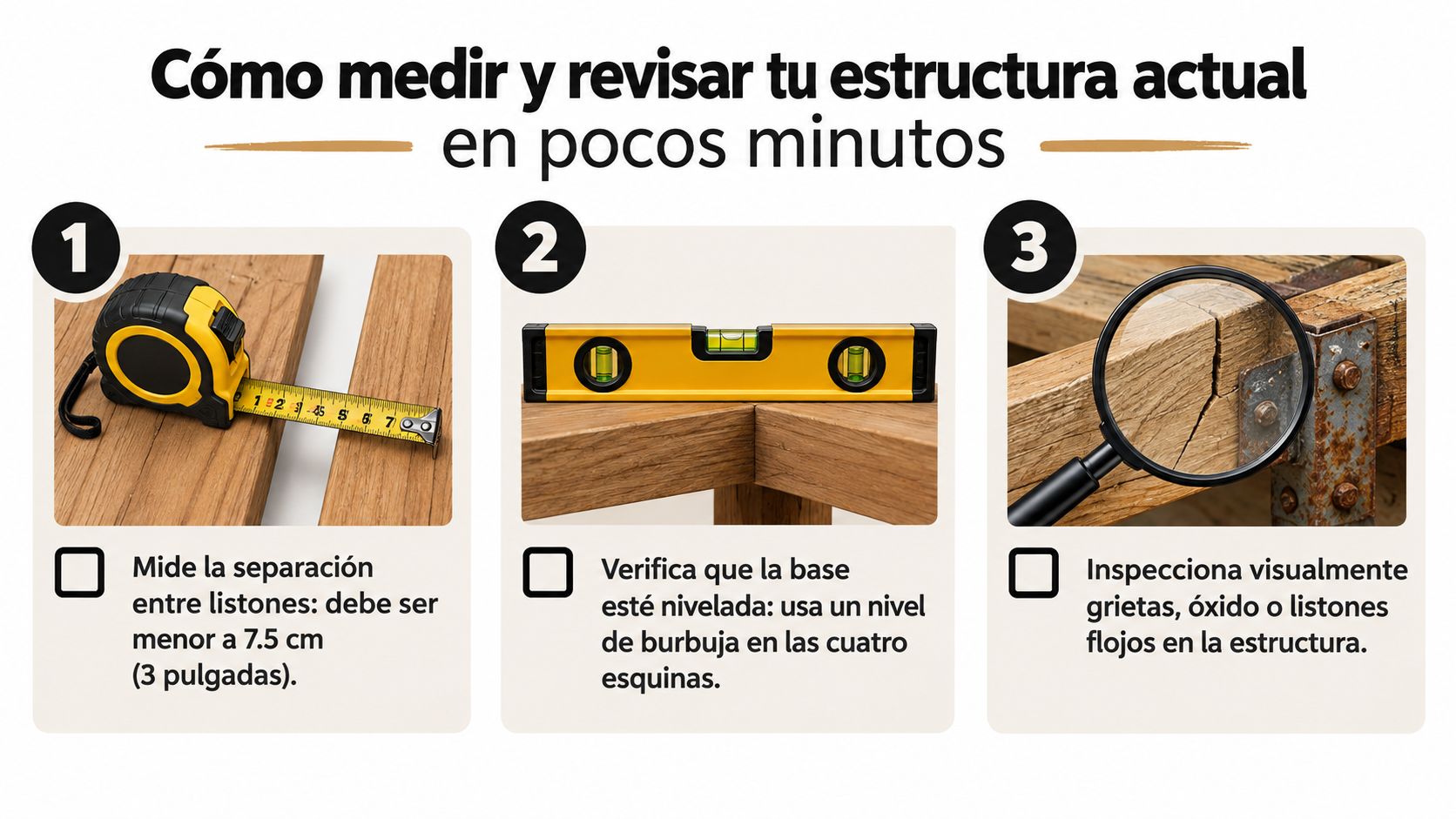 Una infografía mostrando tres pasos básicos para medir y revisar el estado de una base de cama.