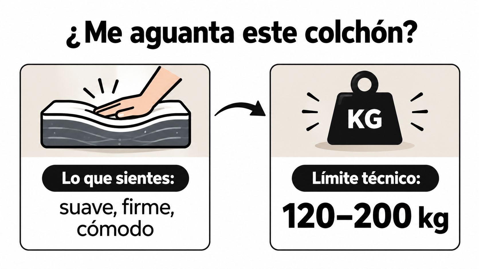 Infografía sobre el límite de peso técnico de un colchón, comparando la sensación suave con la capacidad.