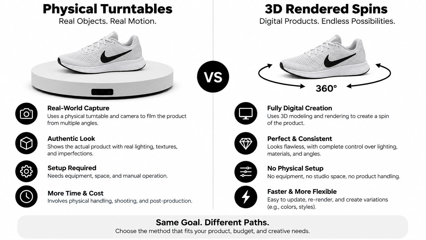 A comparison infographic between physical turntables and 3D rendered spins for product photography and marketing.