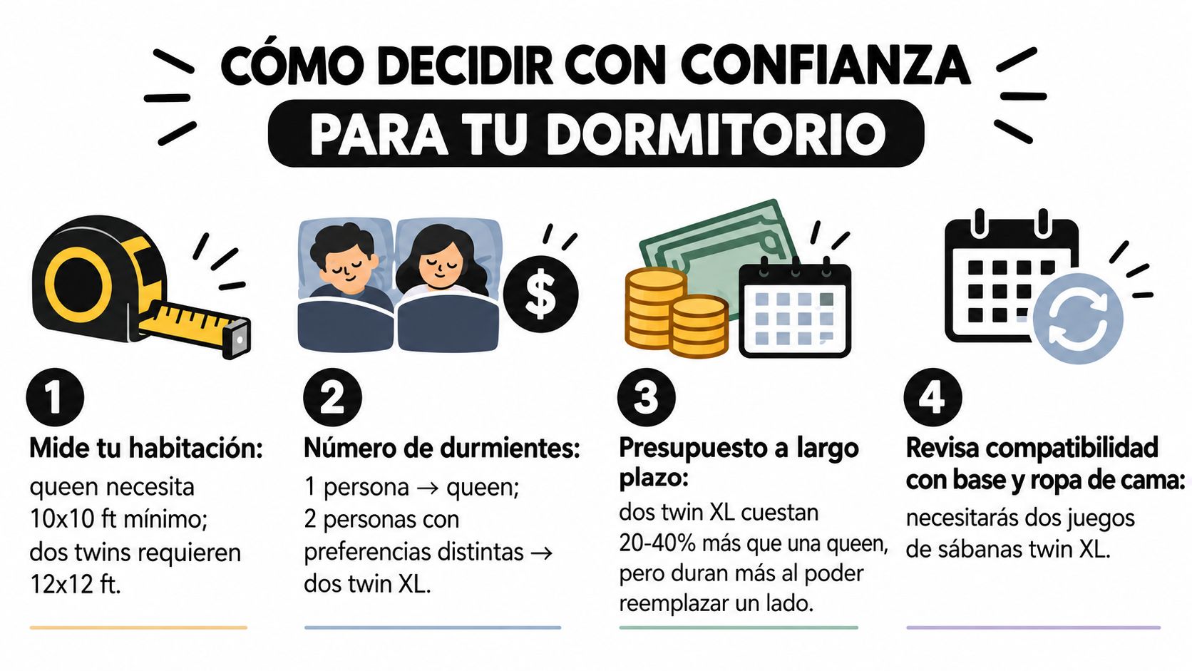 Infografía sobre cómo elegir una cama adecuada considerando tamaño, presupuesto y compatibilidad con ropa de cama.