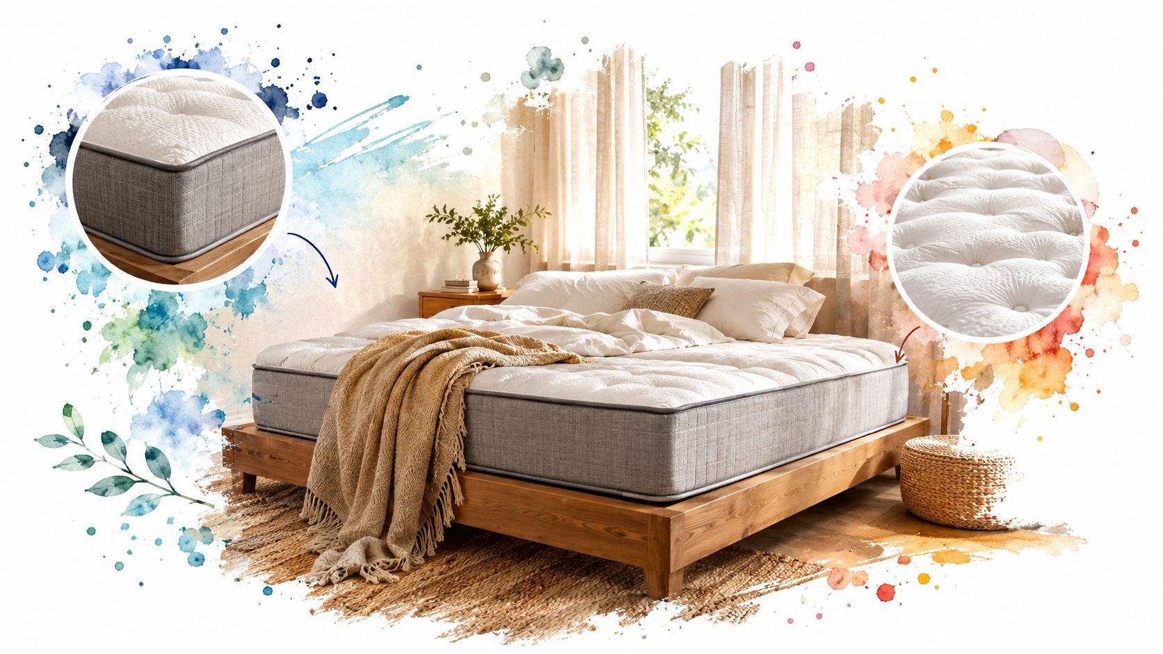 Una cama confortable con un colchón de alta calidad en un dormitorio luminoso decorado con estilo natural.