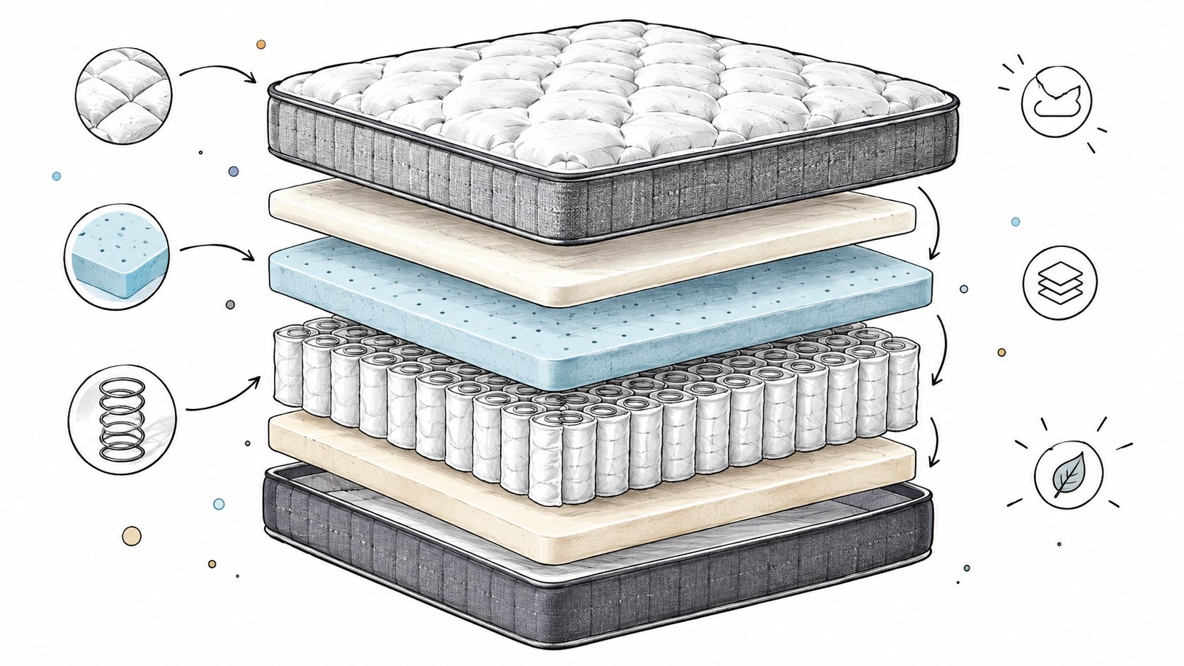 Exploded view diagram of a hybrid mattress with its construction layers separated