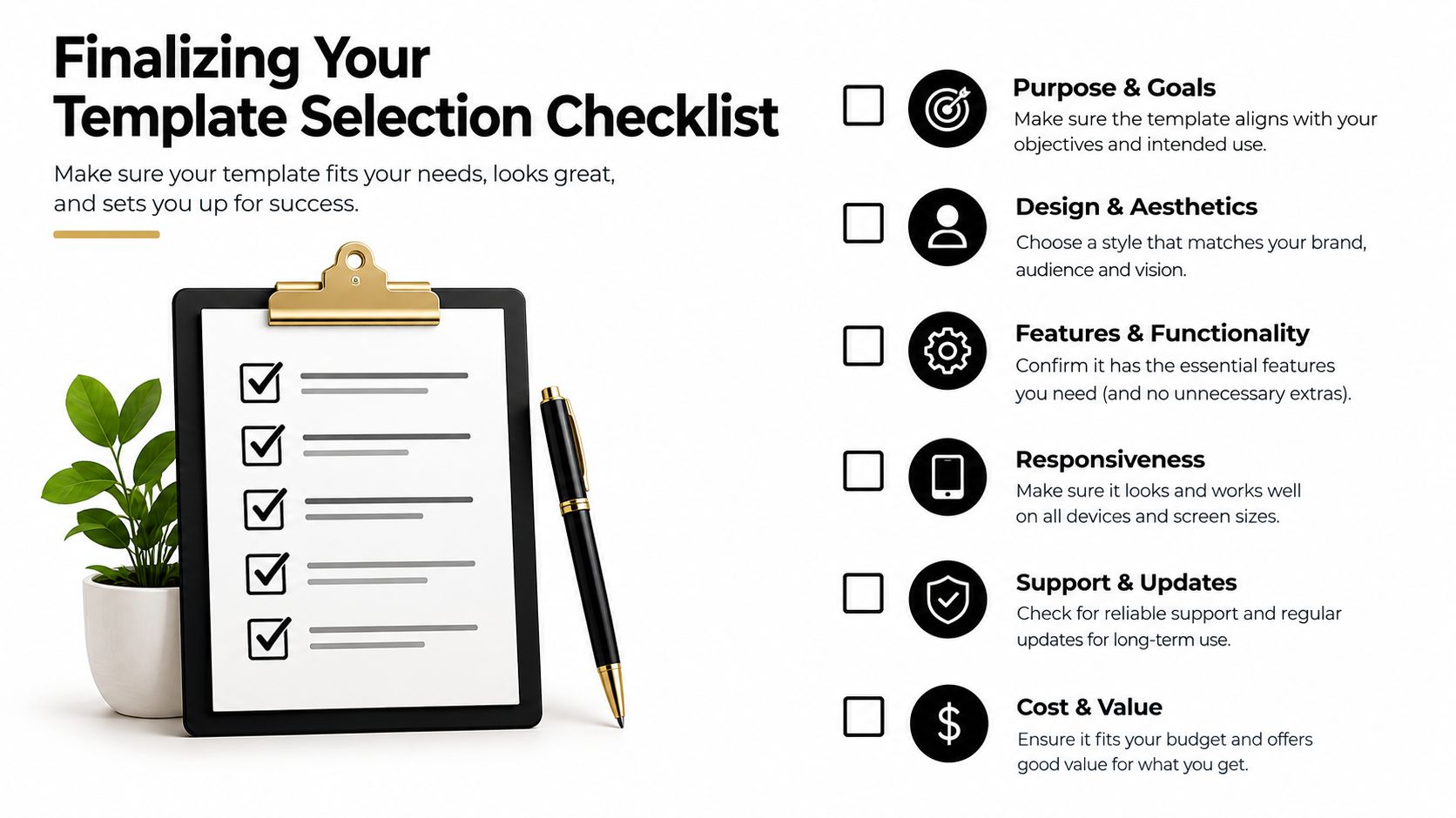 A checklist for selecting a website template featuring icons for purpose, design, functionality, responsiveness, support, and cost.