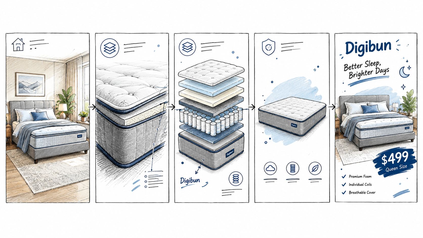 A sequence of diagrams illustrating the layers and benefits of a Digibun mattress for digital advertising.