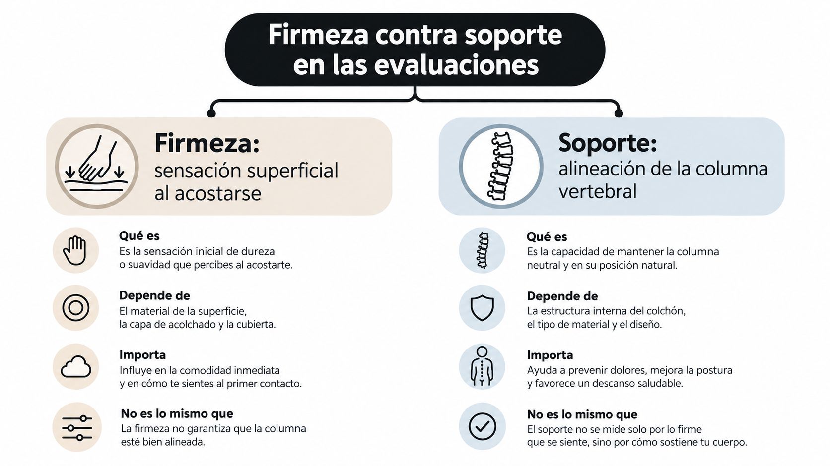 Infografía comparativa sobre la diferencia entre firmeza y soporte al evaluar la comodidad de un colchón.