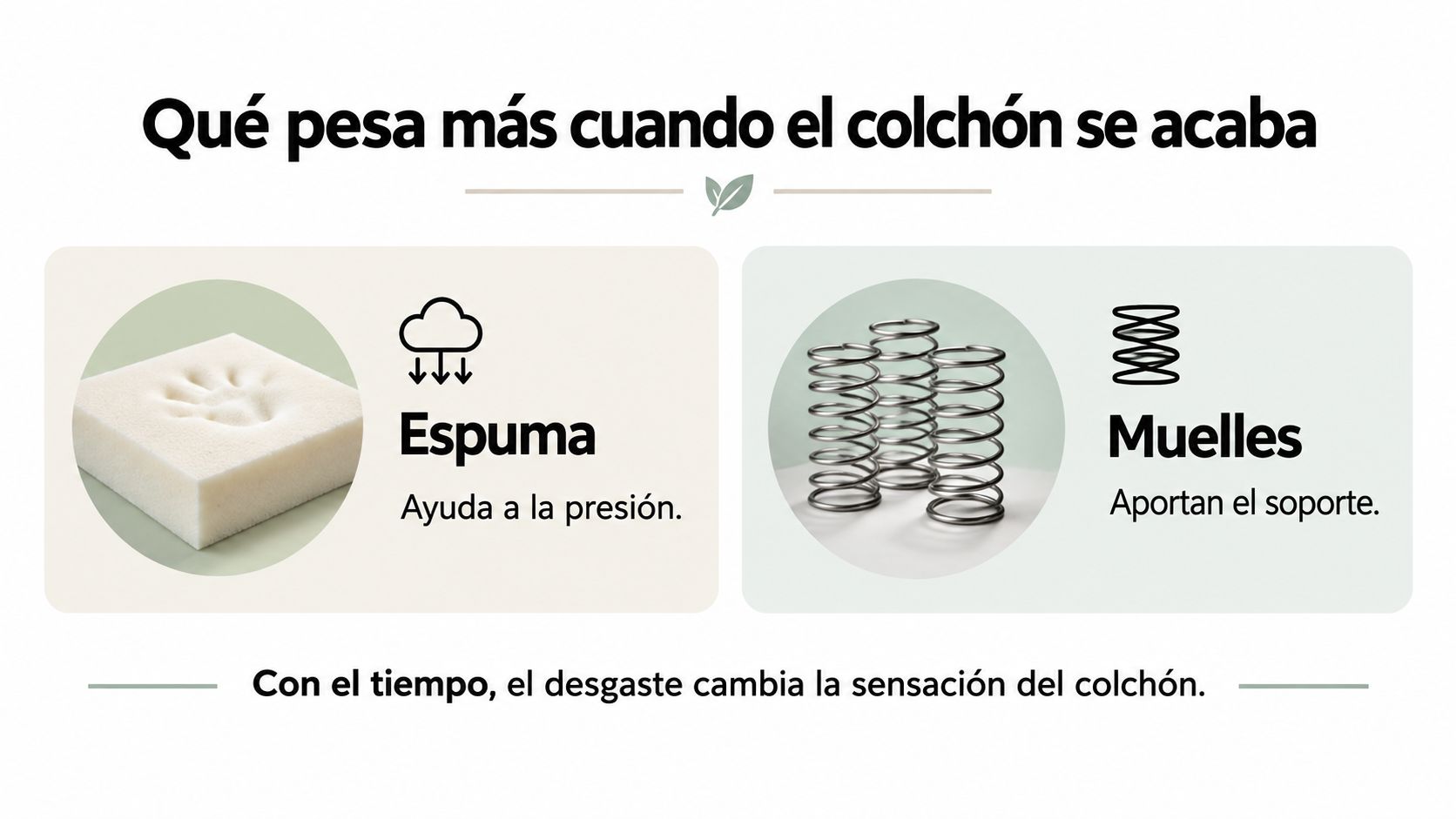 Una infografía comparando componentes de colchones de espuma y muelles para explicar el desgaste con el tiempo.