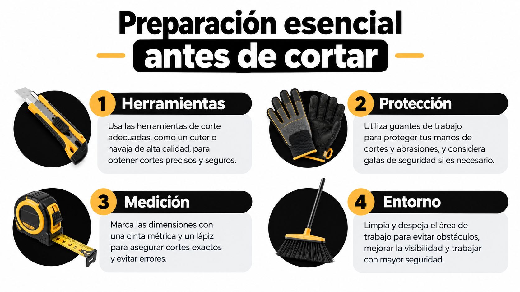 Infografía sobre la preparación esencial antes de cortar materiales, mostrando herramientas, equipo de protección, medición y limpieza.