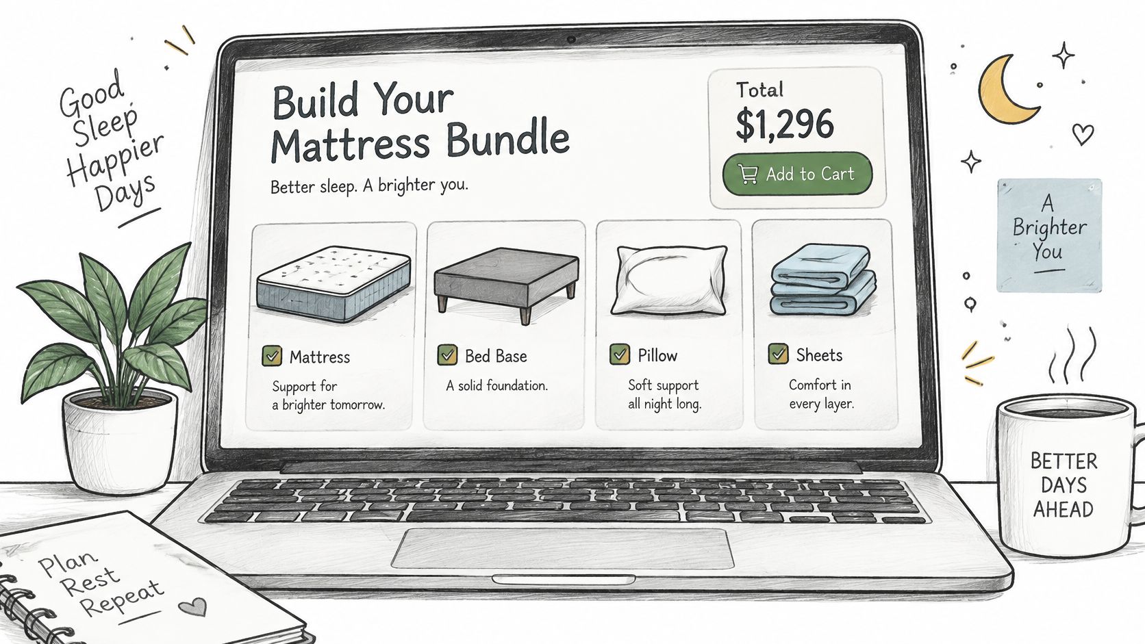 A laptop screen displaying an interactive online store interface for building a custom mattress sleep bundle.