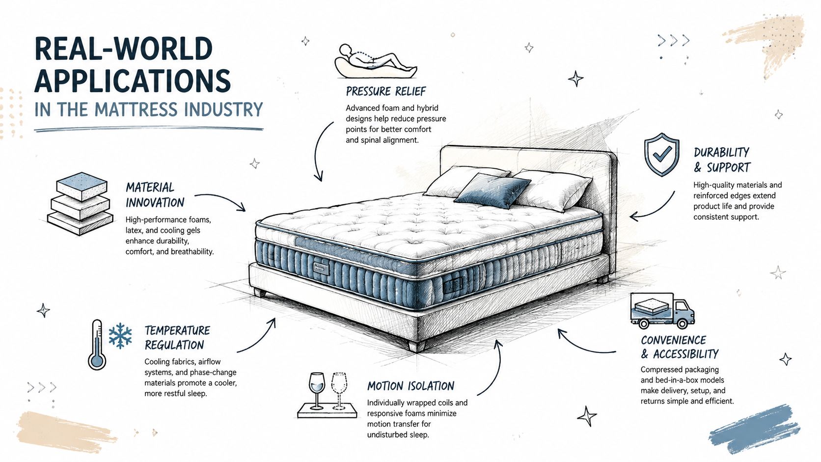 A hand-drawn illustration demonstrating key features and technological innovations in the modern mattress and bedding industry.