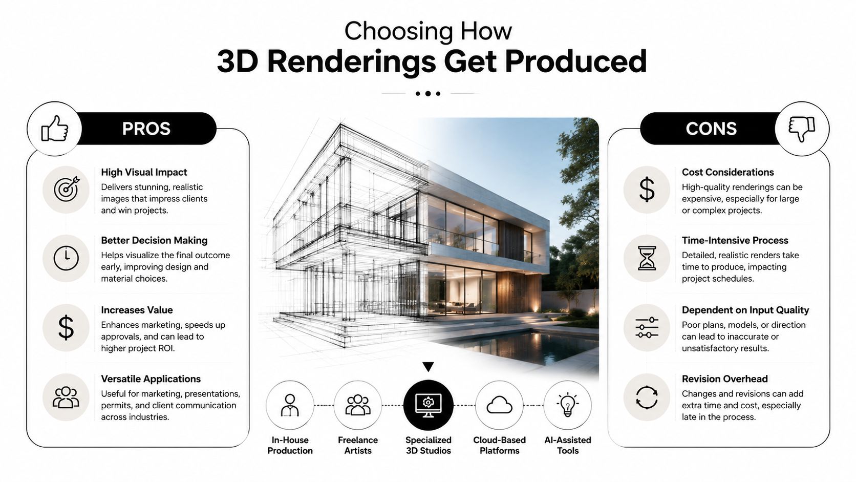 An infographic titled Choosing How 3D Renderings Get Produced, displaying the pros and cons of 3D visualization.