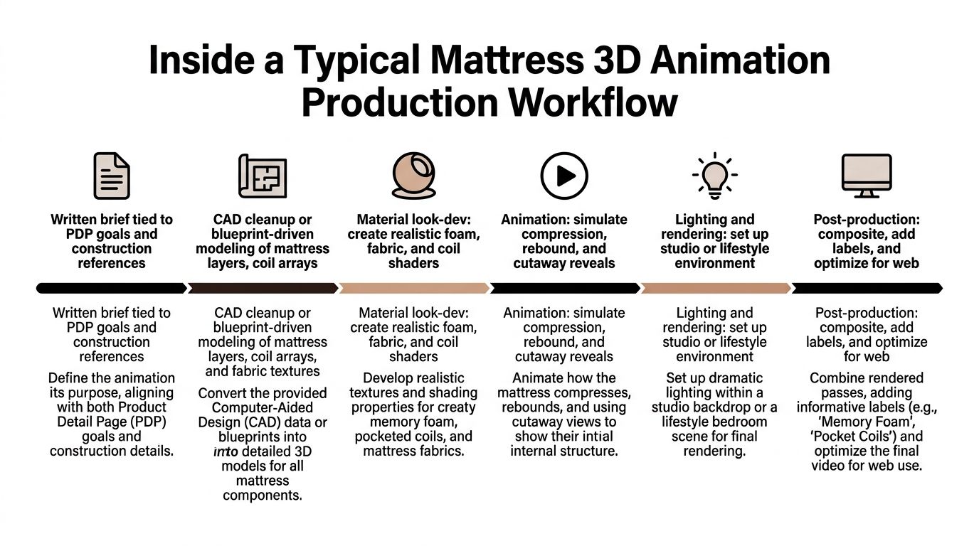 An infographic showing the six step production workflow for creating a professional 3D mattress animation video.
