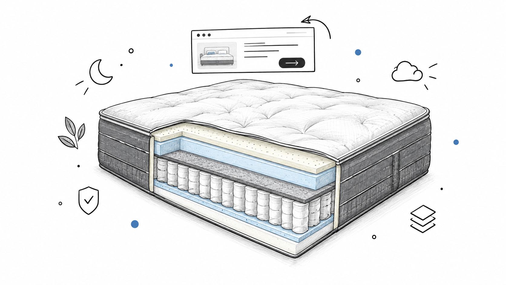 A detailed 3D illustration of a cross-section mattress with an overlaid digital shopping interface window.