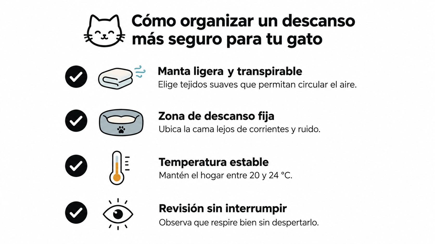 Infografía con consejos sobre cómo organizar un lugar seguro y cómodo para el descanso de tu gato.