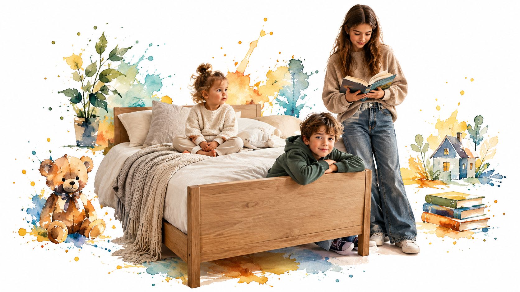 Niños felices disfrutando de actividades de lectura y juego en una habitación acogedora con muebles infantiles.