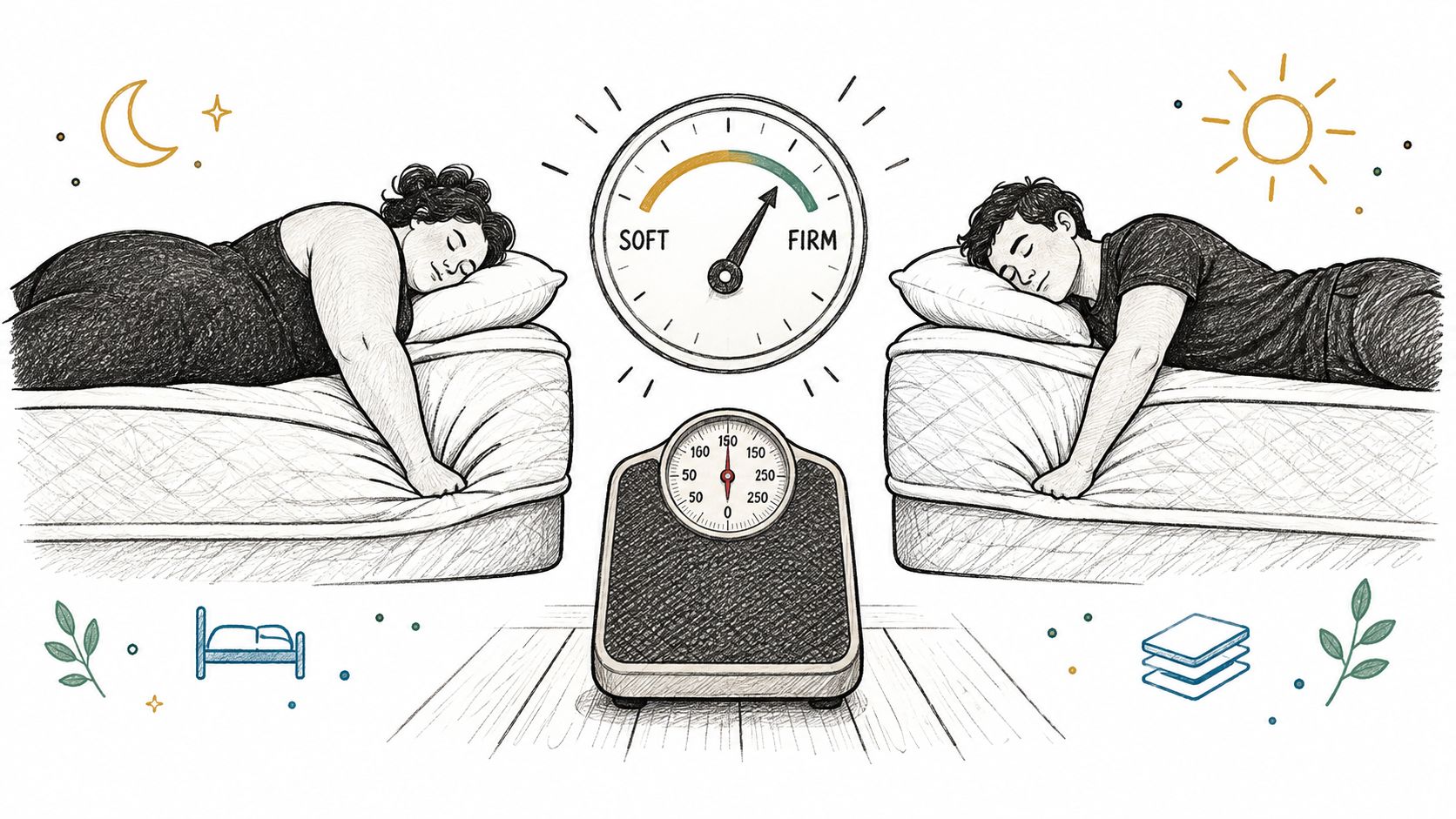 A split illustration showing a woman and man sleeping on mattresses, with a firmness gauge and scale.