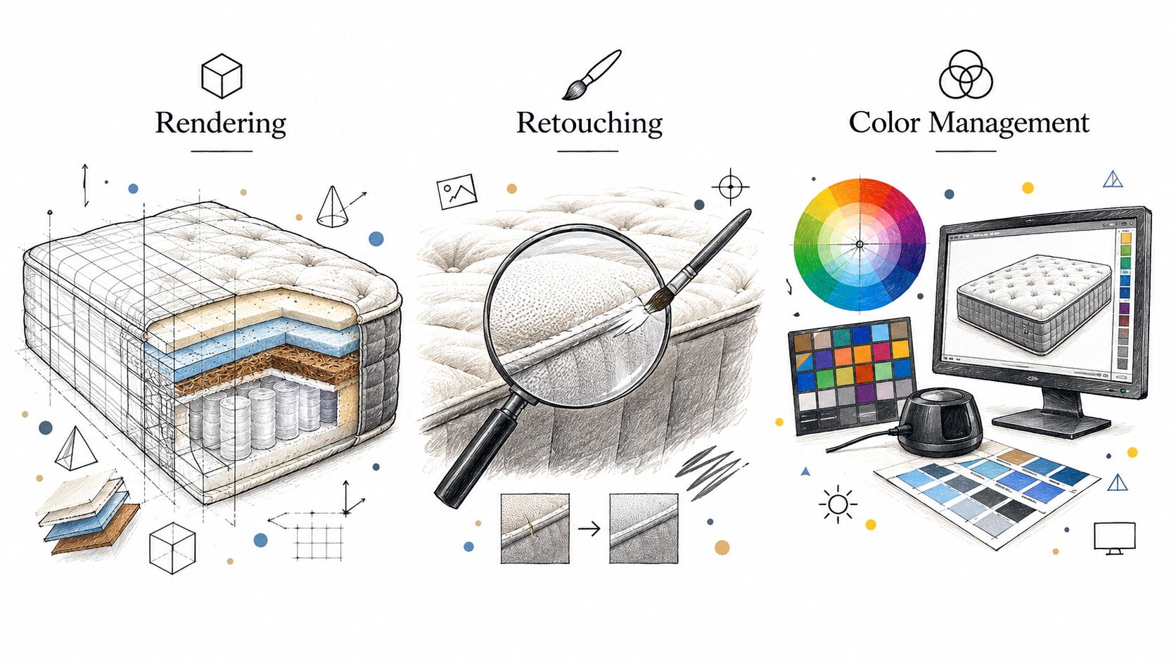 A diagram illustrating the three steps of digital product imaging: 3D rendering, detailed retouching, and precise color management.