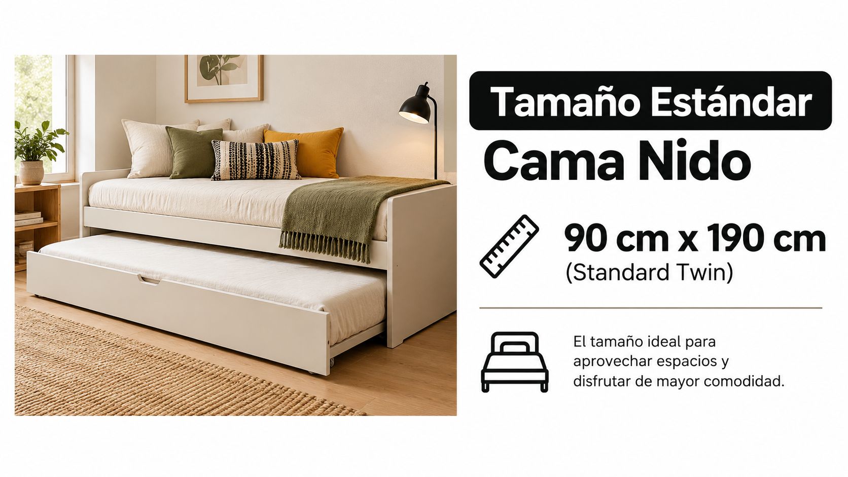 Una cama nido blanca en un dormitorio acogedor con medidas estándar de 90 cm por 190 cm.