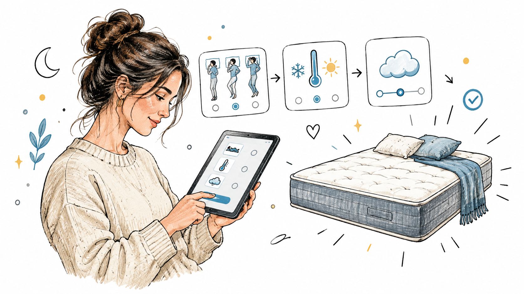 A shopper using a tablet to explore sleep and mattress preferences