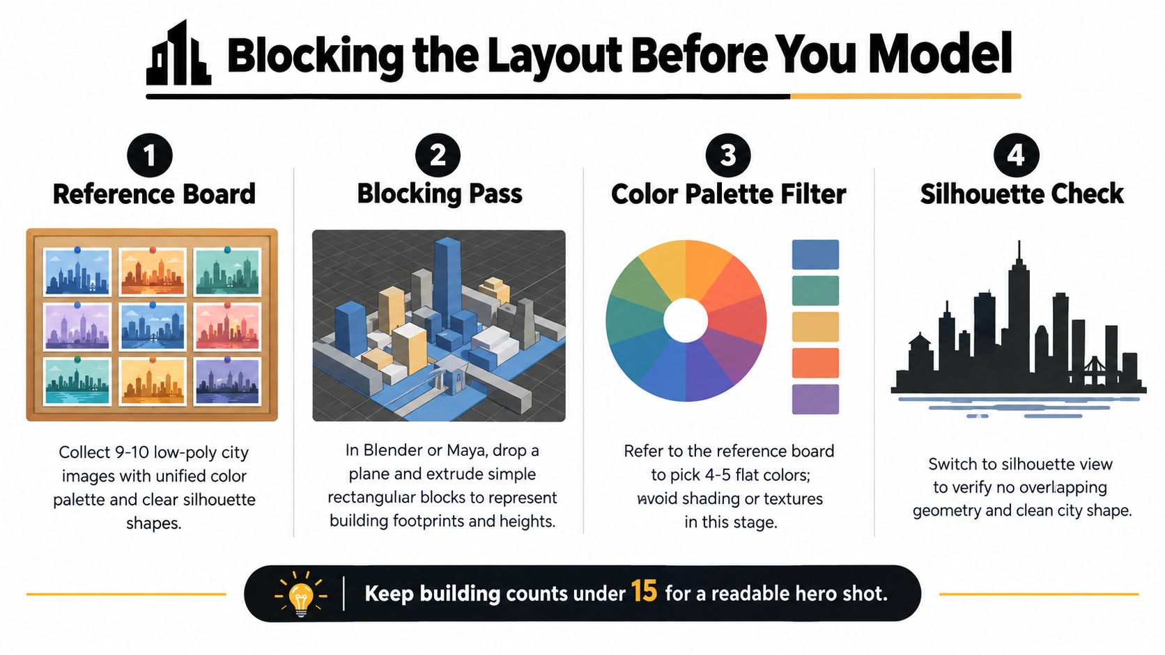 An infographic detailing four essential steps for blocking out a low poly city layout before modeling.