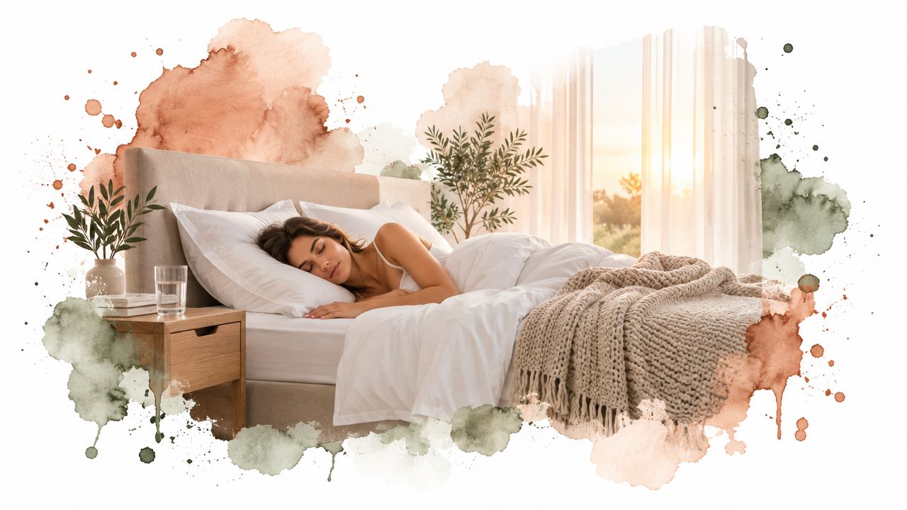 Mujer joven durmiendo plácidamente en una cómoda cama matrimonial con sábanas blancas y una manta tejida