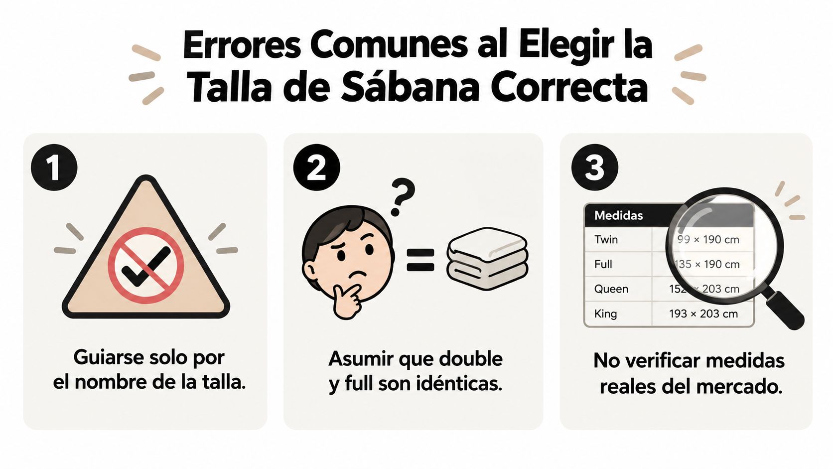 Infografía con tres errores comunes al elegir el tamaño de sábanas para camas individuales o matrimoniales.