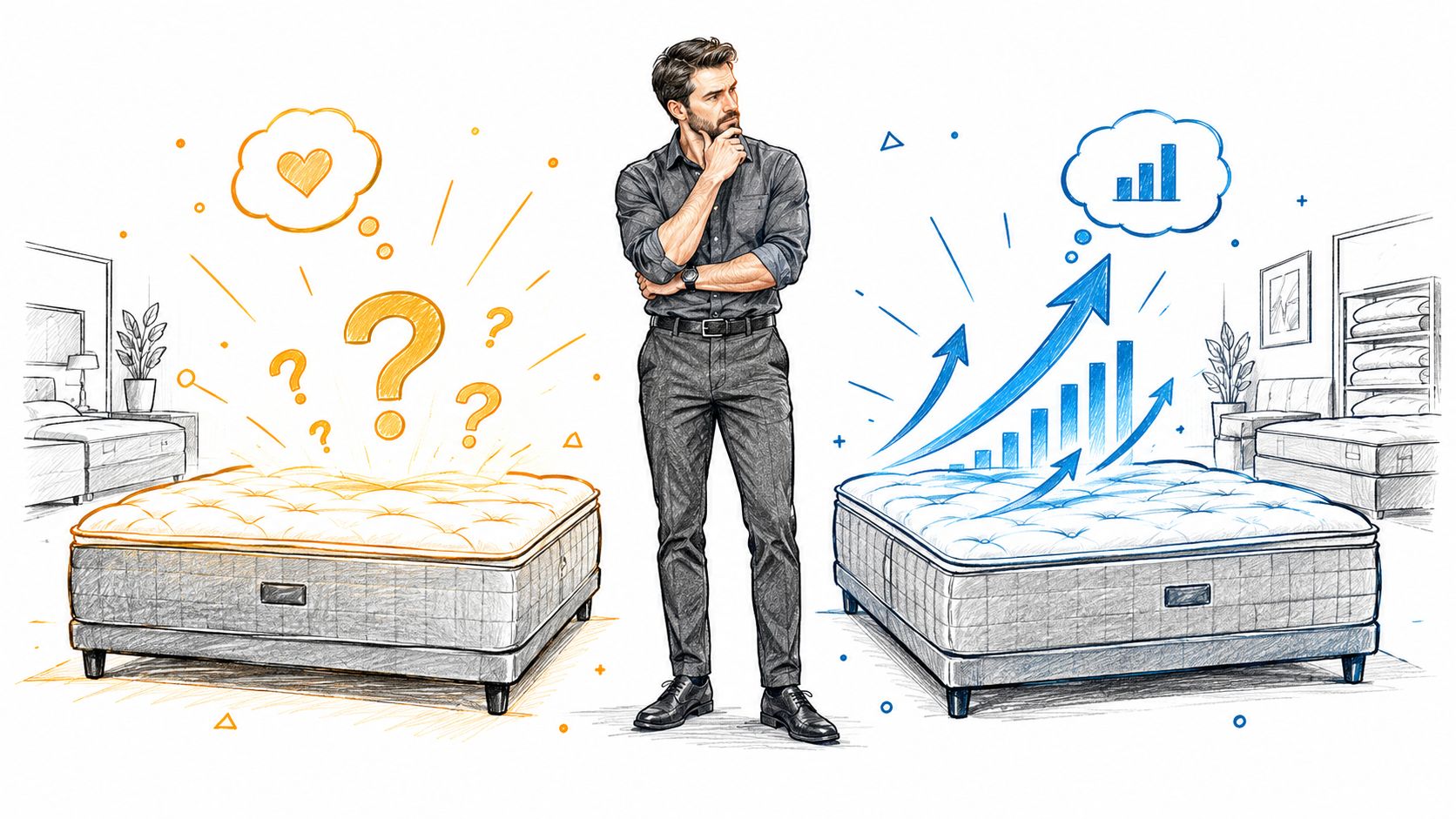 A man thoughtfully comparing emotional factors versus data-driven performance metrics for choosing the right mattress.