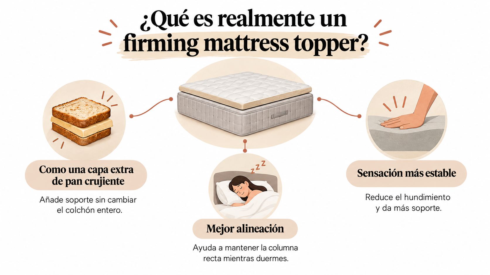 Infografía explicando los beneficios de un sobrecolchón firme para mejorar el soporte y la alineación corporal.