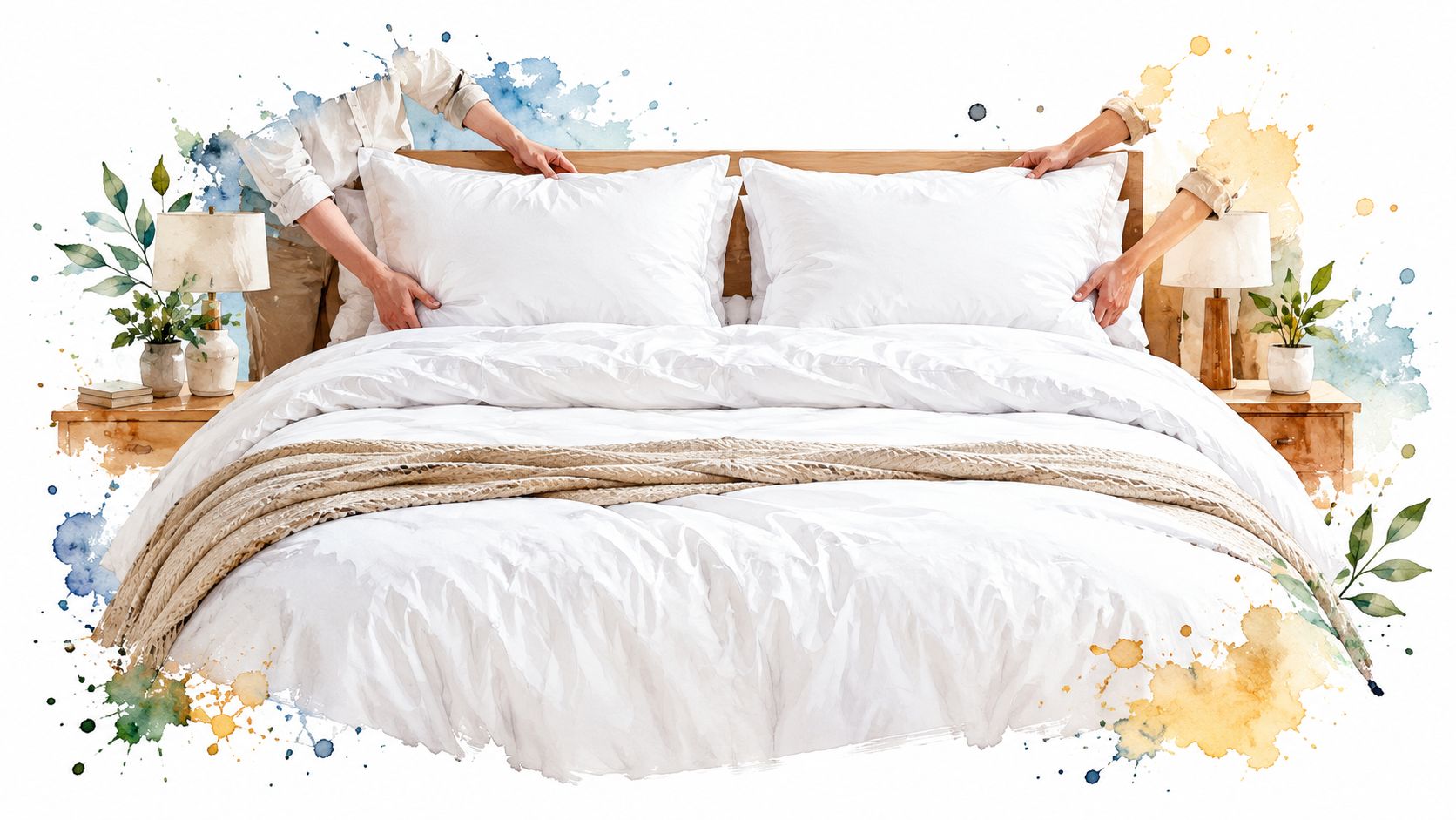 Dos personas arreglando las almohadas blancas sobre una cama king size con mantas suaves y decoración elegante.