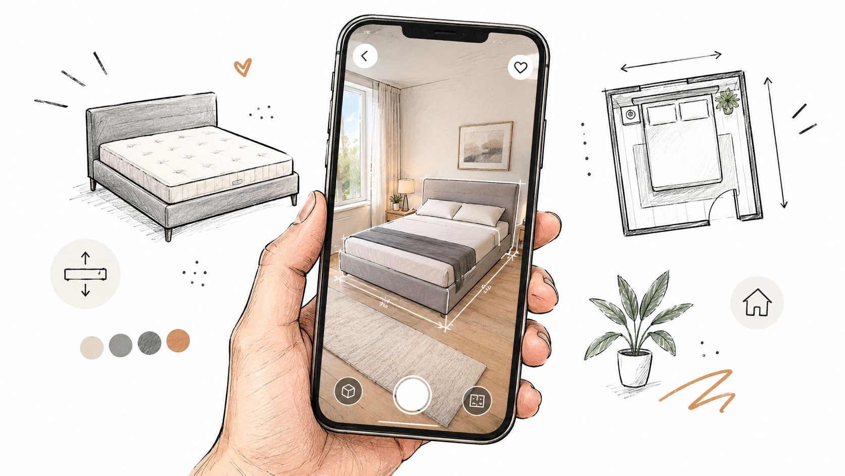 A hand holding a smartphone showing an augmented reality furniture placement app for interior design planning.