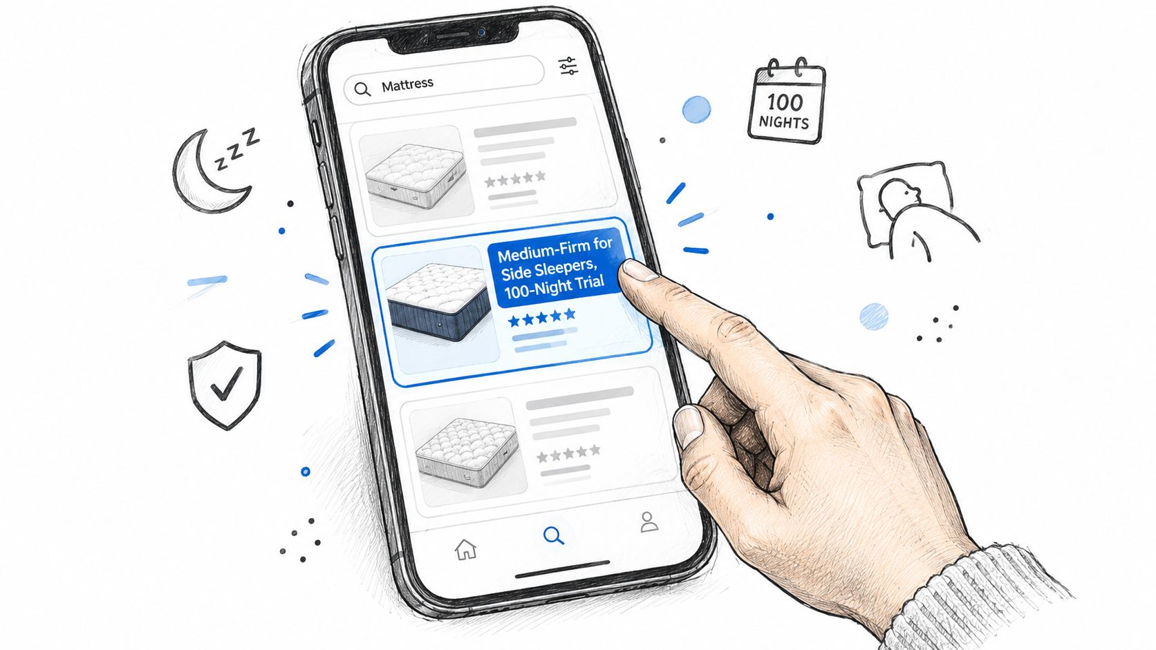 A hand selecting a mattress product on a smartphone screen, illustrating online shopping for sleep products.