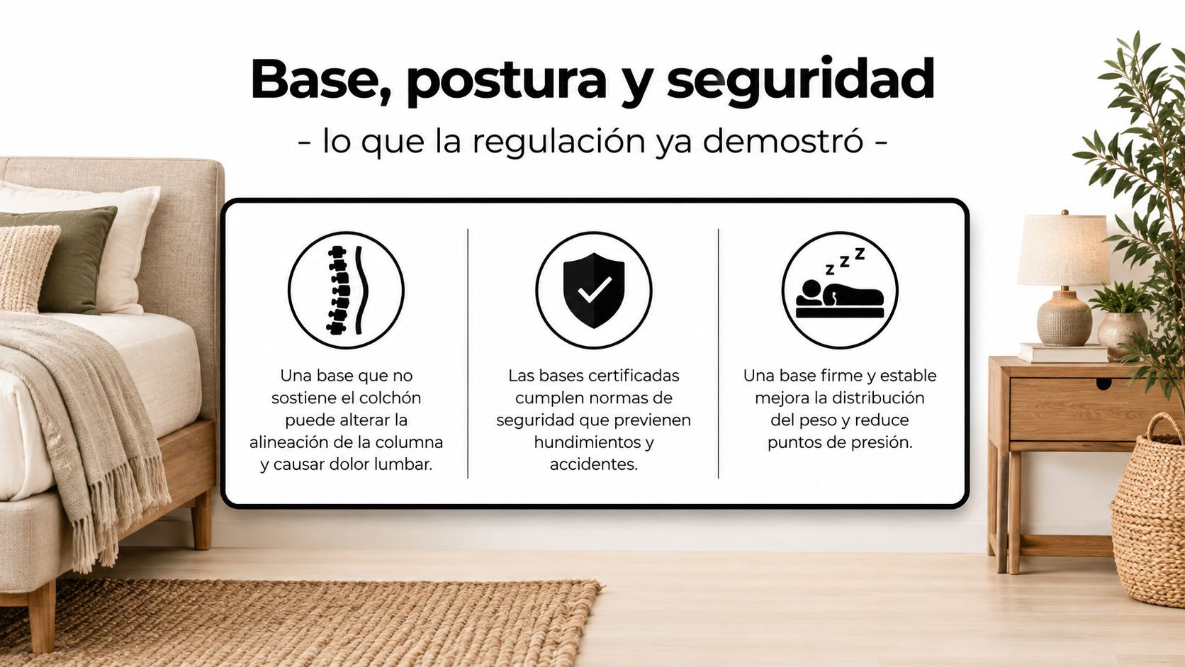 Infografía sobre la importancia de elegir una base de cama adecuada para la postura y seguridad.