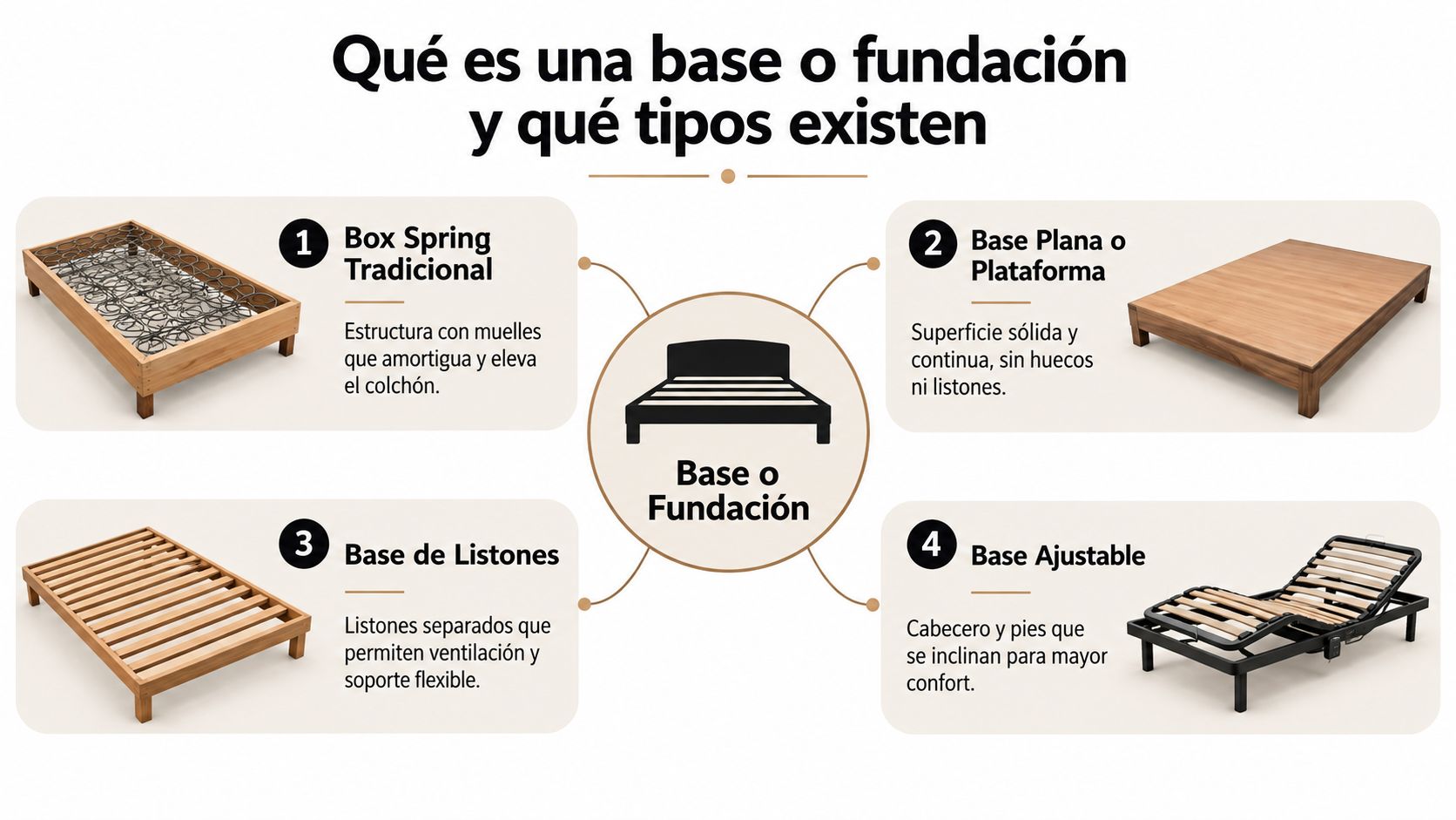 Infografía educativa que muestra cuatro tipos diferentes de bases o fundaciones para colchones y sus descripciones.