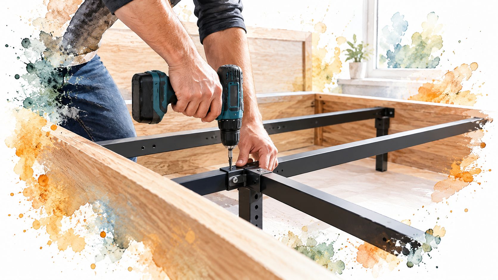 Un hombre utilizando un taladro eléctrico para ensamblar la estructura de madera y metal de una cama.