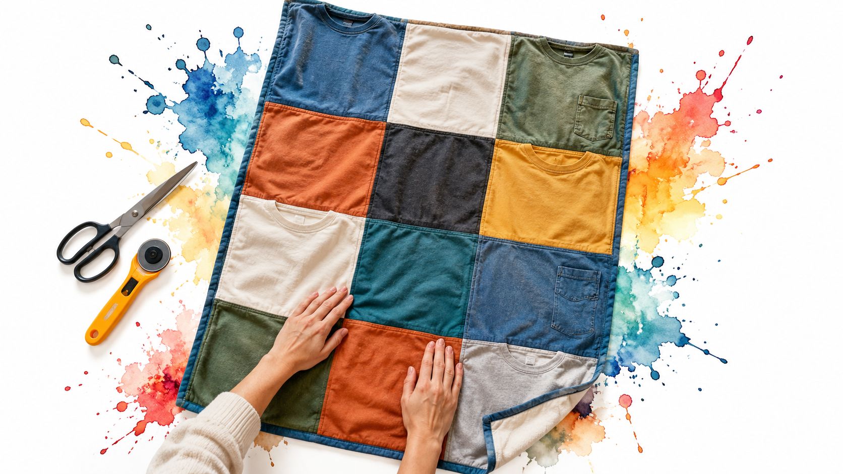Manos trabajando en una manta de patchwork hecha de camisetas de colores sobre fondo blanco.
