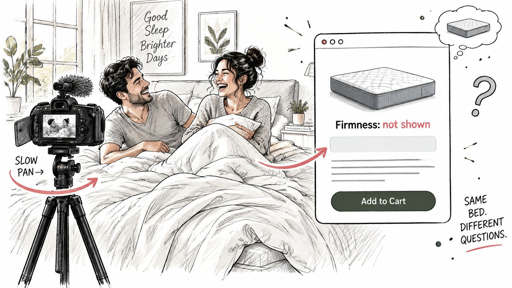 A couple filming a content video in bed, highlighting product information and mattress purchase options.