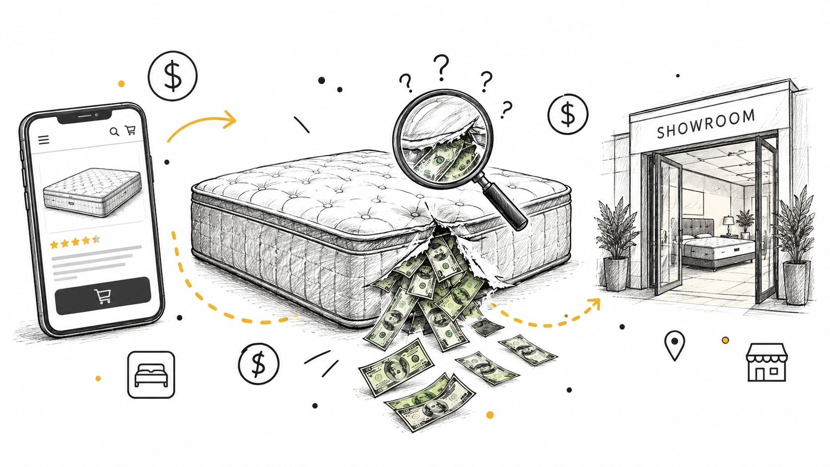A digital illustration showing a mattress being investigated for hidden money, contrasting online shopping with physical showrooms.