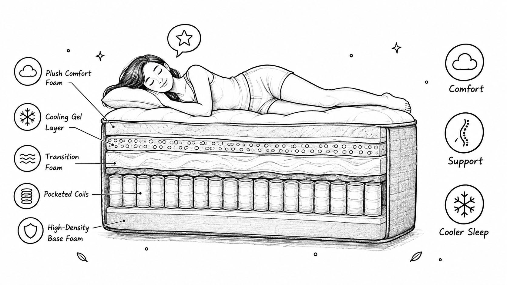 A cross-section diagram of a multi-layer mattress showing foam and spring components with a person sleeping on top.