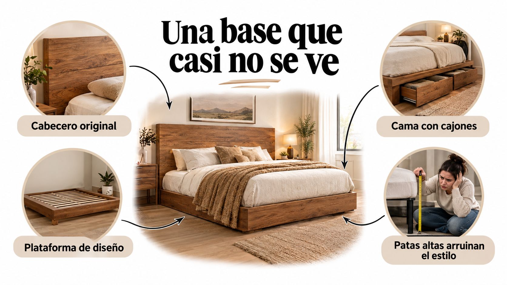 Una cama con diseño de plataforma baja que integra almacenamiento y una estética moderna elegante para dormitorios.