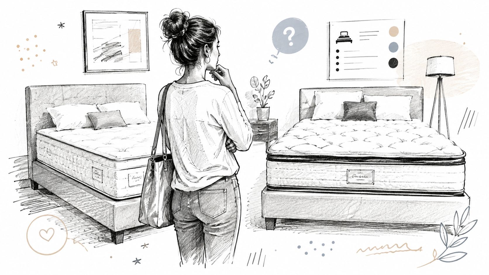 A woman shopping for a new mattress in a furniture store, looking between two display beds.
