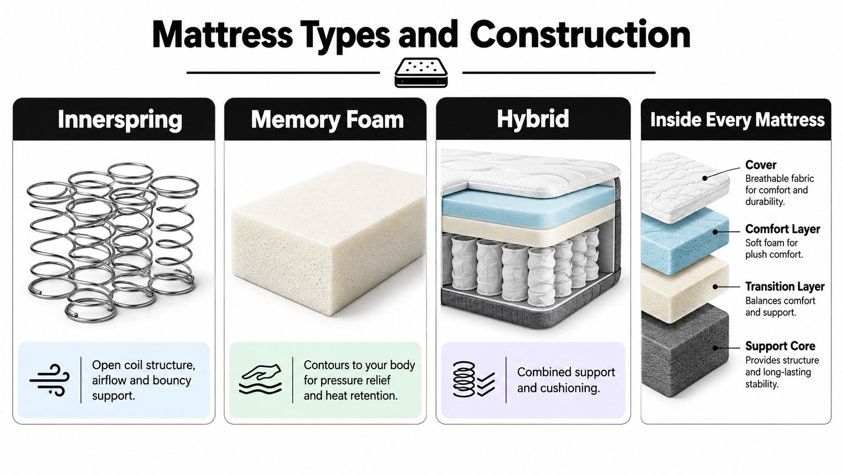 A diagram illustrating different mattress types including innerspring, memory foam, and hybrid, plus their basic structural layers.